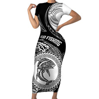 Go Fishing Family Matching Short Sleeve Bodycon Dress and Hawaiian Shirt Polynesian Pattern LT05 Mom's Dress Black - Polynesian Pride