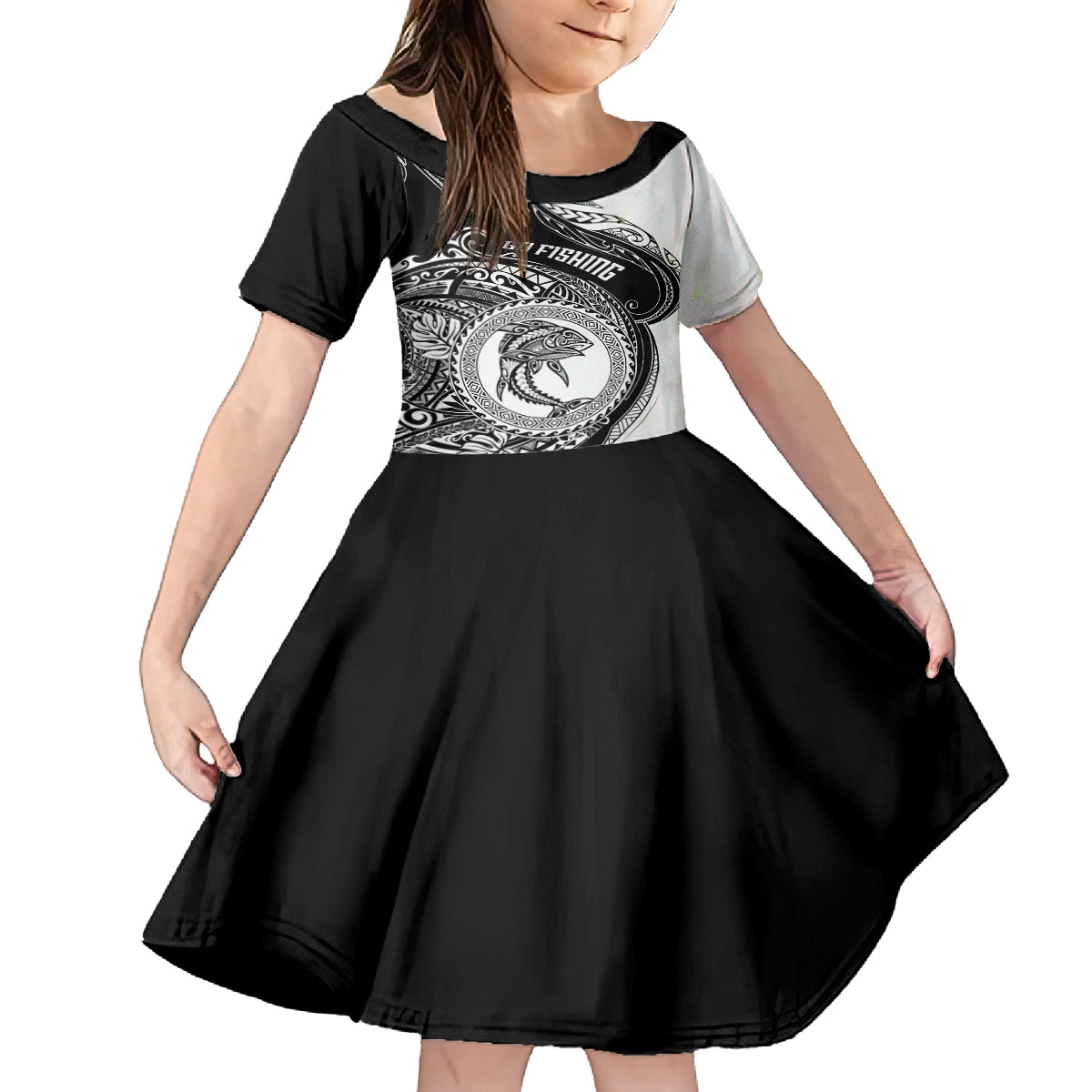 Go Fishing Family Matching Tank Maxi Dress and Hawaiian Shirt Polynesian Pattern LT05 Daughter's Dress Black - Polynesian Pride