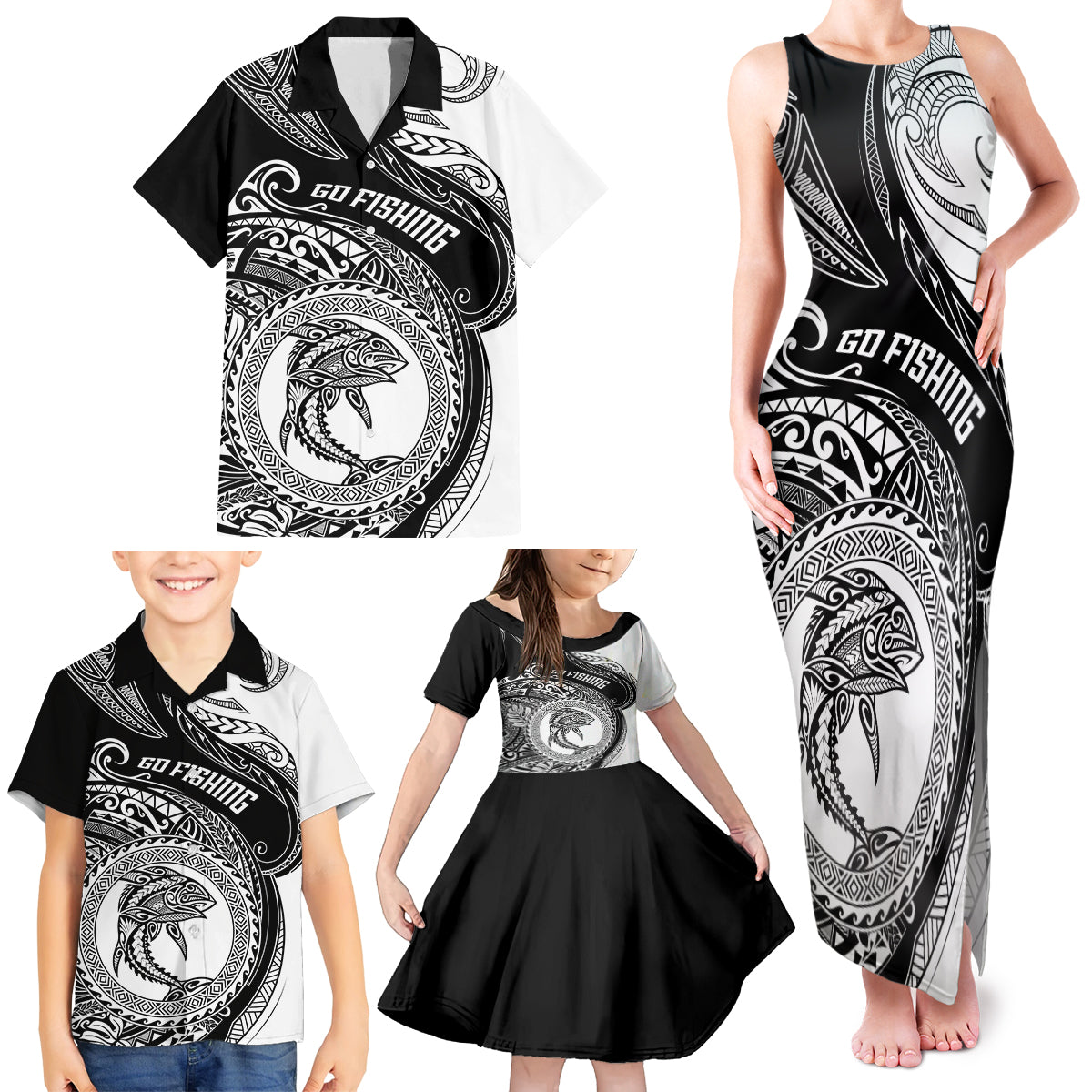 Go Fishing Family Matching Tank Maxi Dress and Hawaiian Shirt Polynesian Pattern LT05 - Polynesian Pride
