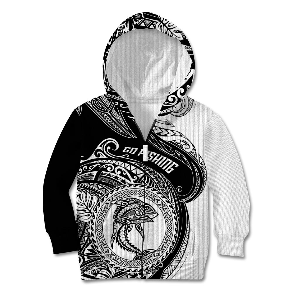 Personalized Go Fishing Kid Hoodie Polynesian Pattern LT05 Zip Hoodie Black - Polynesian Pride