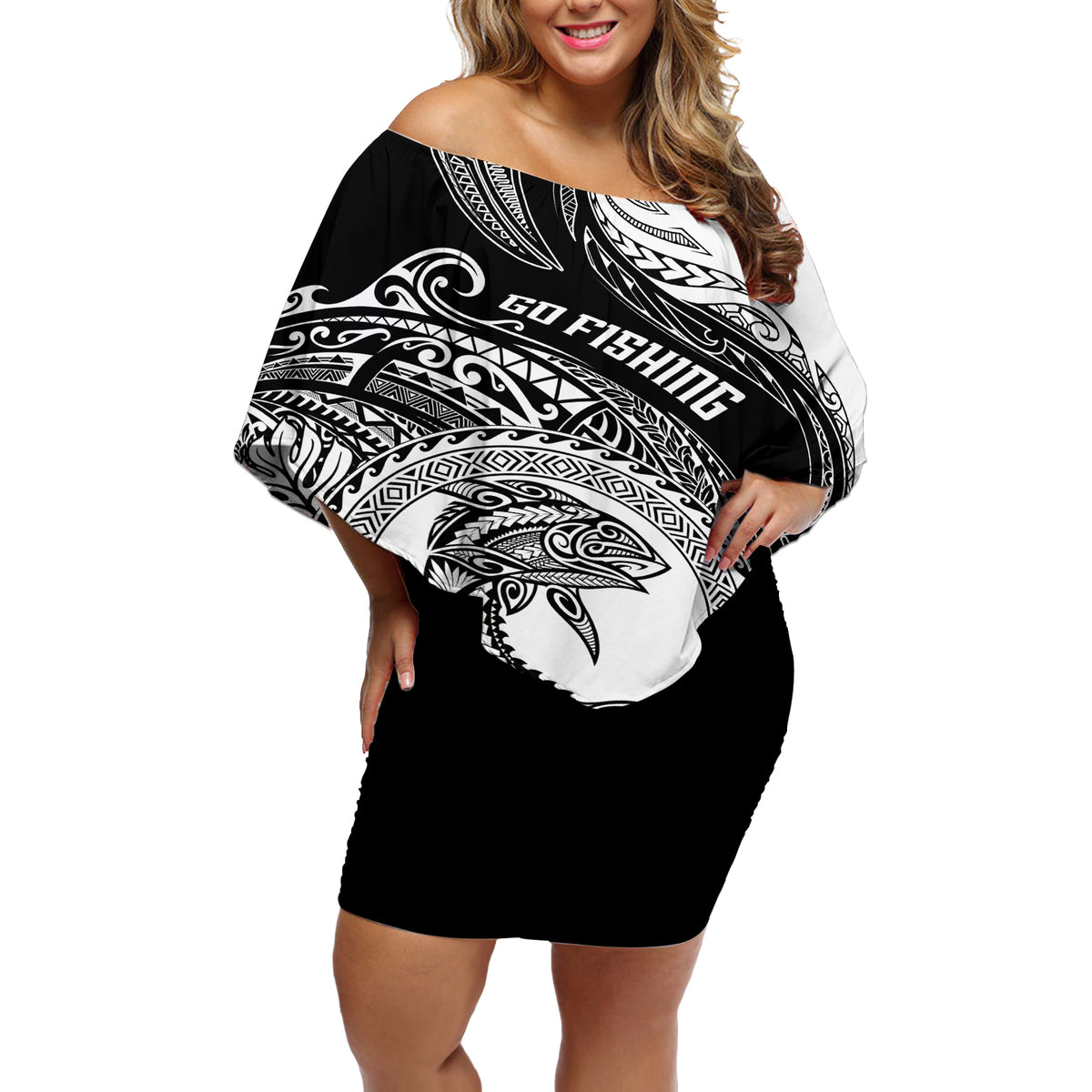 personalized-go-fishing-off-shoulder-short-dress-polynesian-pattern