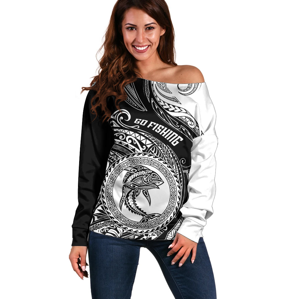 personalized-go-fishing-off-shoulder-sweater-polynesian-pattern