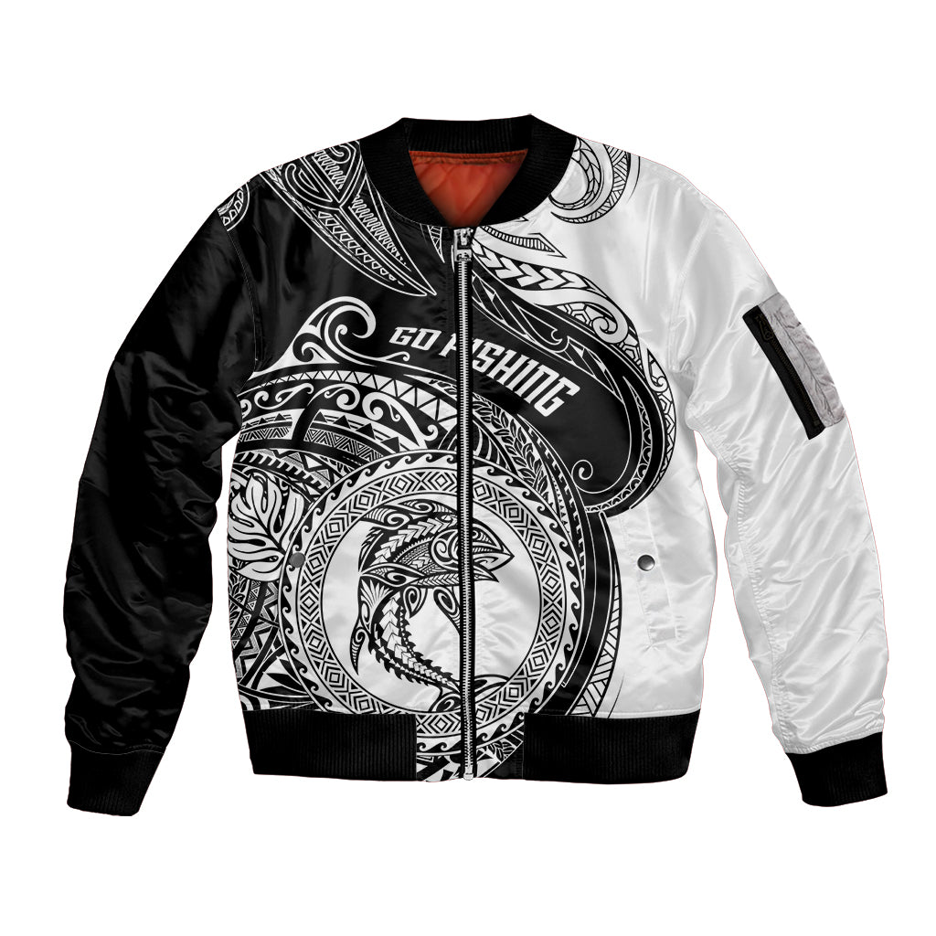 Personalized Go Fishing Sleeve Zip Bomber Jacket Polynesian Pattern LT05 Unisex Black - Polynesian Pride