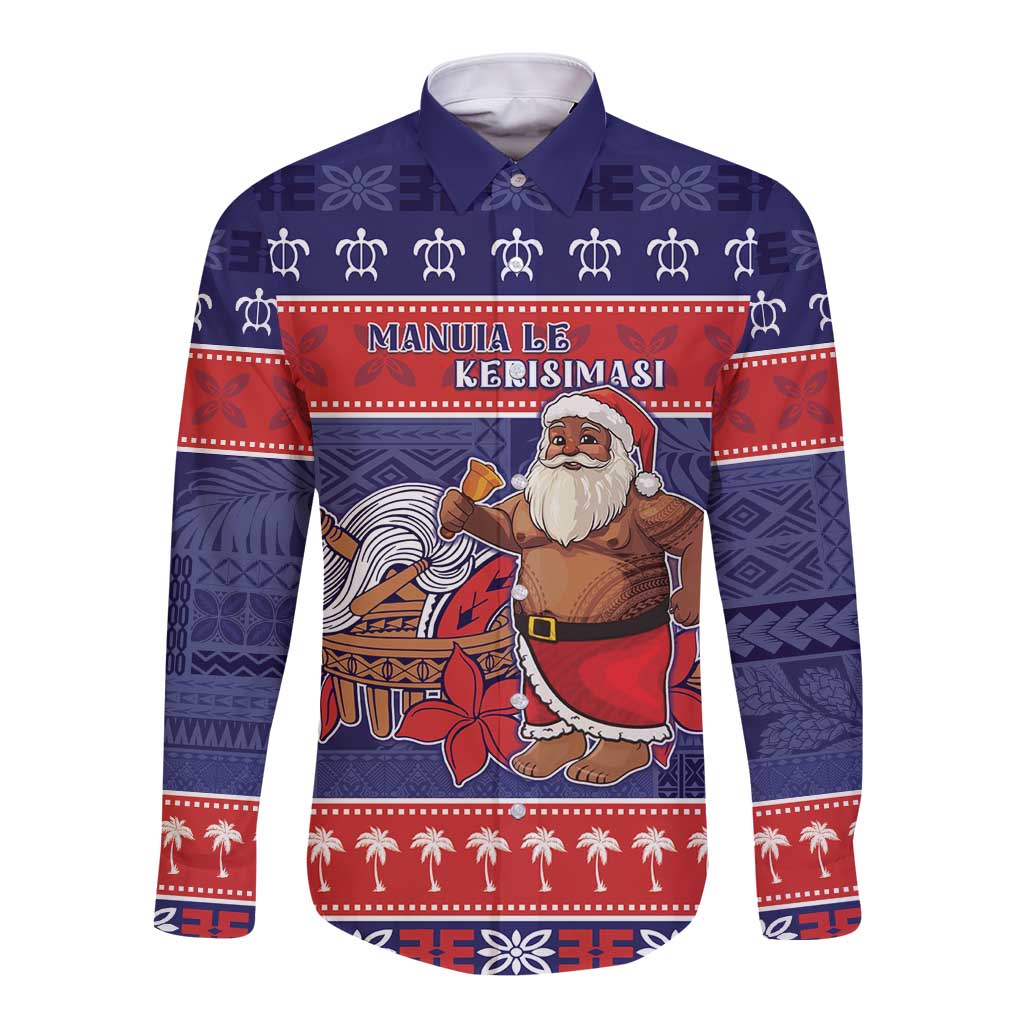 Samoa Christmas Long Sleeve Button Shirt Samoan Santa Claus Manuia Le Kerisimasi LT05 Unisex Blue - Polynesian Pride