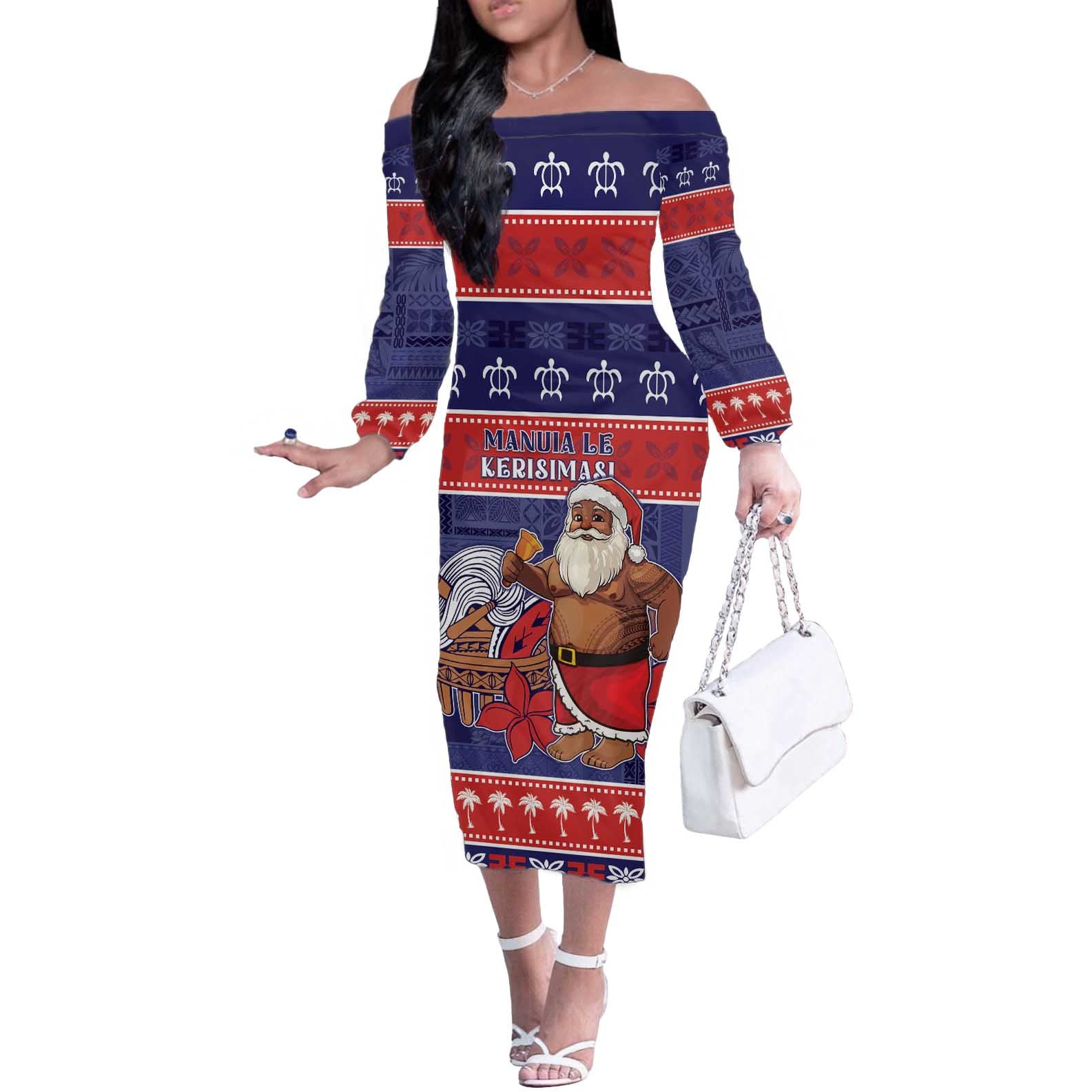 Samoa Christmas Off The Shoulder Long Sleeve Dress Samoan Santa Claus Manuia Le Kerisimasi