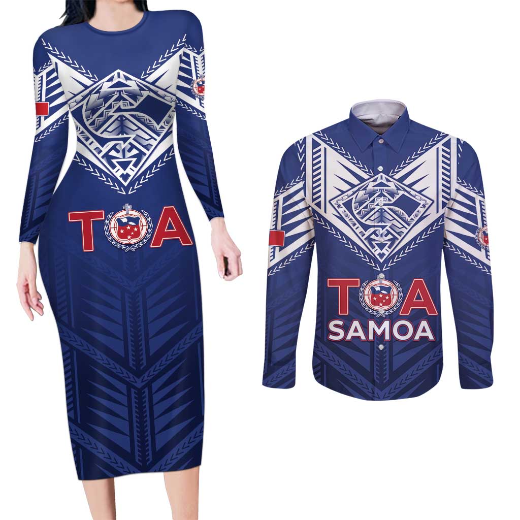 Super Toa Samoa Rugby Custom Couples Matching Long Sleeve Bodycon Dress and Long Sleeve Button Shirt Warrior Spirit LT05