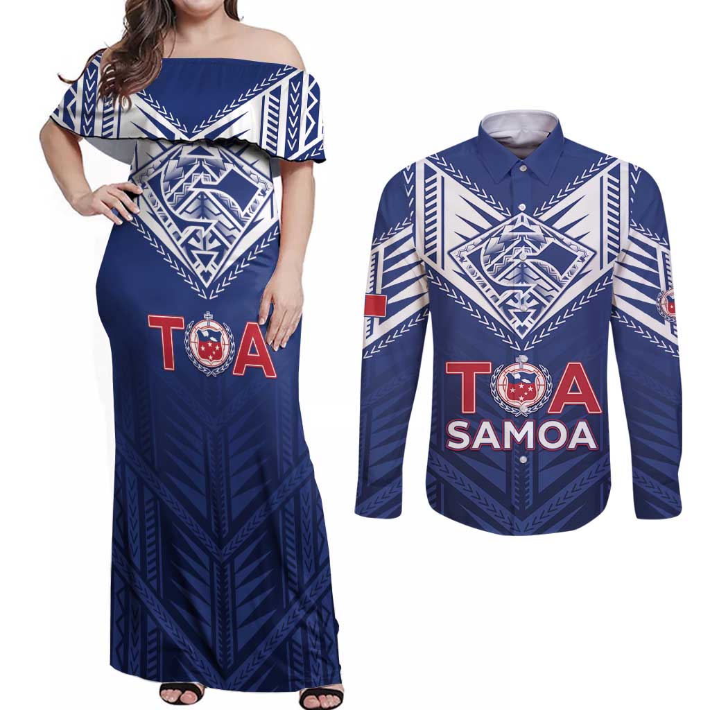 Super Toa Samoa Rugby Custom Couples Matching Off Shoulder Maxi Dress and Long Sleeve Button Shirt Warrior Spirit LT05