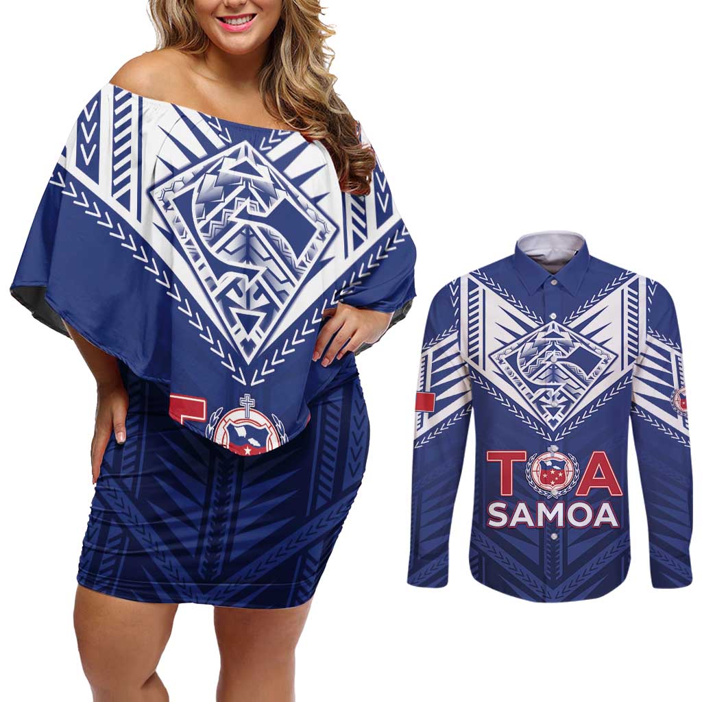 Super Toa Samoa Rugby Custom Couples Matching Off Shoulder Short Dress and Long Sleeve Button Shirt Warrior Spirit LT05
