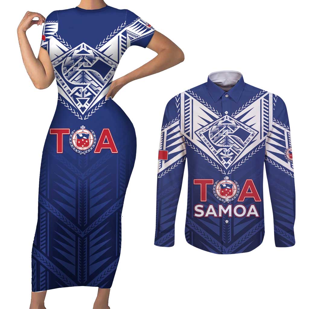 Super Toa Samoa Rugby Custom Couples Matching Short Sleeve Bodycon Dress and Long Sleeve Button Shirt Warrior Spirit LT05