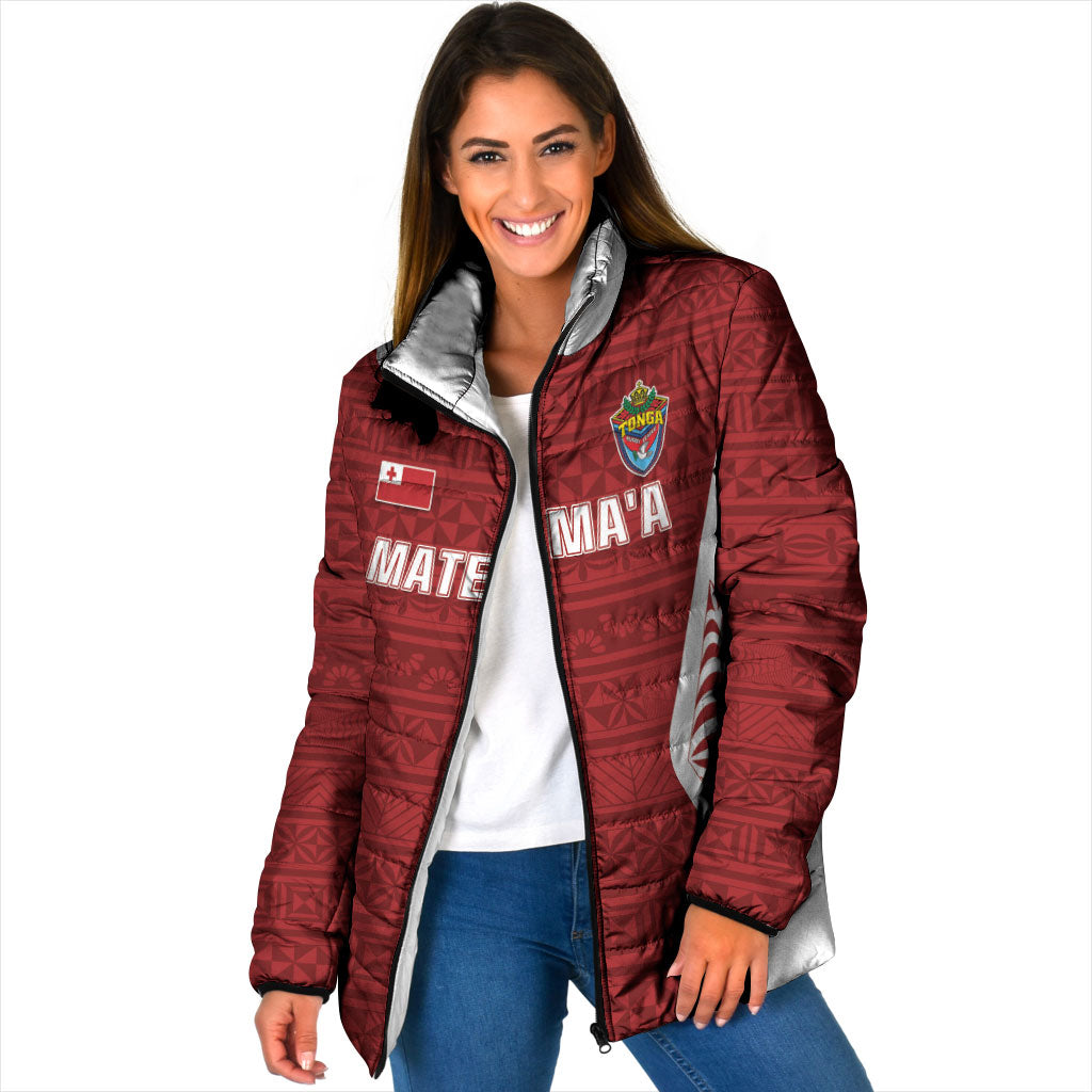 Mate Maa Tonga Rugby Padded Jacket Kupesi Tokelau Feletoa Pattern LT05 Women Red - Polynesian Pride