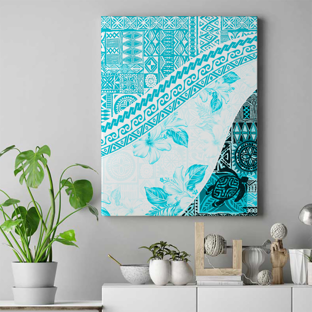 Hawaiian Tapa Canvas Wall Art Traditional Vintage Pattern Aqua LT05 Aqua - Polynesian Pride