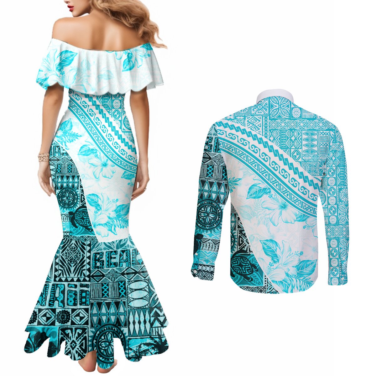 Hawaiian Tapa Couples Matching Mermaid Dress and Long Sleeve Button Shirt Traditional Vintage Pattern Aqua LT05 - Polynesian Pride