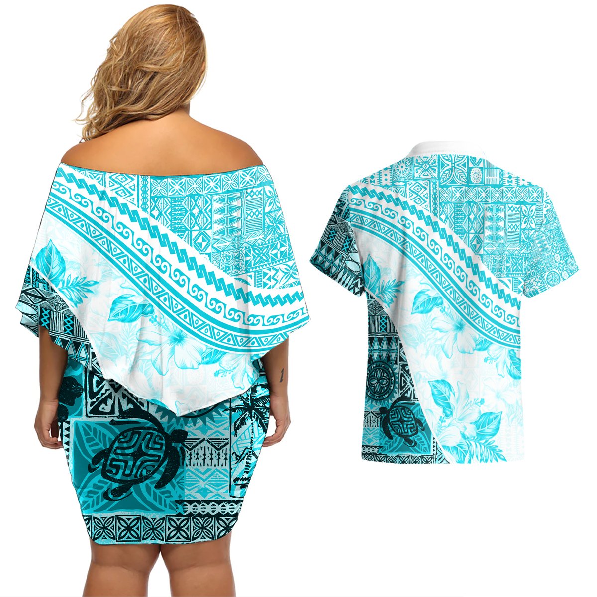 Hawaiian Tapa Couples Matching Off Shoulder Short Dress and Hawaiian Shirt Traditional Vintage Pattern Aqua LT05 - Polynesian Pride