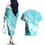 Hawaiian Tapa Couples Matching Off The Shoulder Long Sleeve Dress and Hawaiian Shirt Traditional Vintage Pattern Aqua LT05 - Polynesian Pride