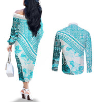 Hawaiian Tapa Couples Matching Off The Shoulder Long Sleeve Dress and Long Sleeve Button Shirt Traditional Vintage Pattern Aqua LT05 - Polynesian Pride