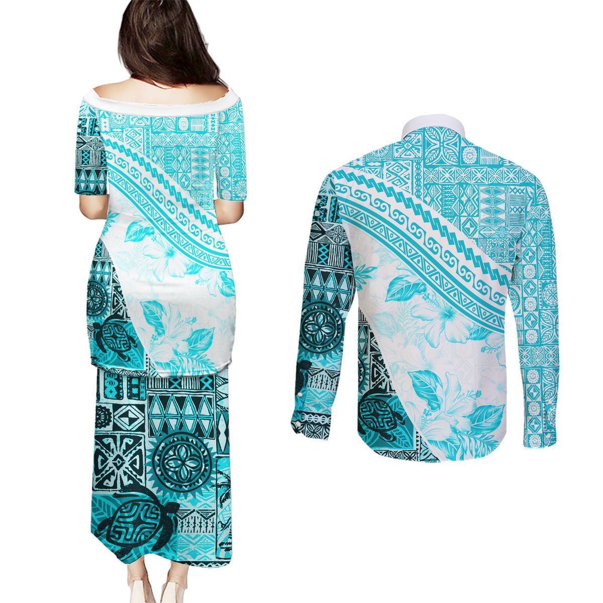 Hawaiian Tapa Couples Matching Puletasi Dress and Long Sleeve Button Shirt Traditional Vintage Pattern Aqua LT05 - Polynesian Pride