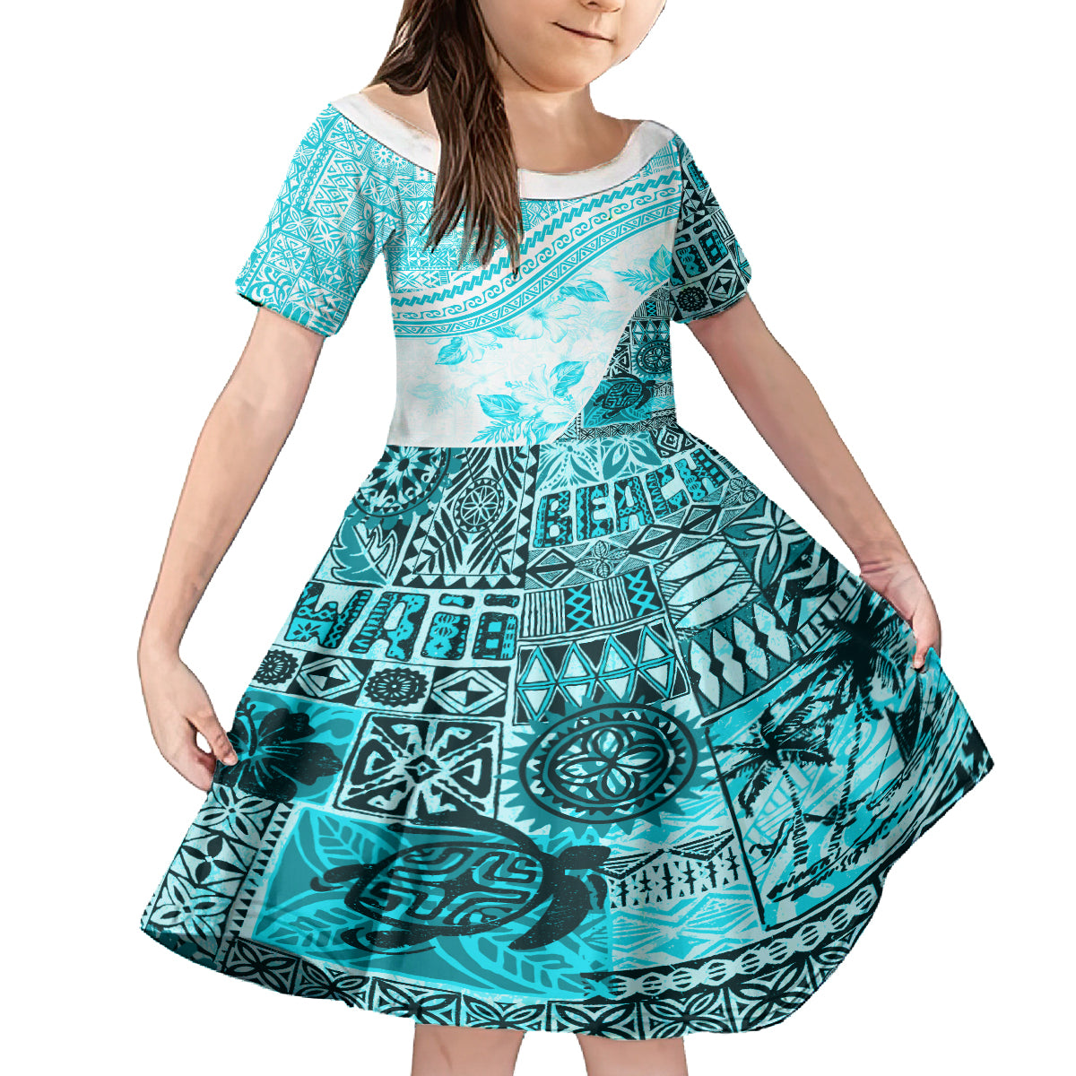 Hawaiian Tapa Family Matching Long Sleeve Bodycon Dress and Hawaiian Shirt Traditional Vintage Pattern Aqua LT05 Daughter's Dress Aqua - Polynesian Pride