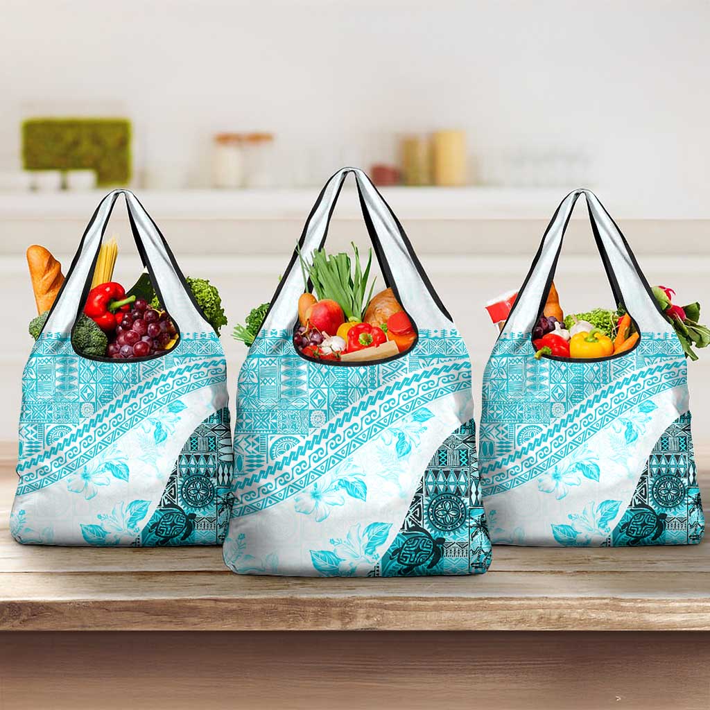 Hawaiian Tapa Grocery Bag Traditional Vintage Pattern Aqua LT05 3-pack One Size Aqua - Polynesian Pride