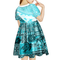 Hawaiian Tapa Kid Short Sleeve Dress Traditional Vintage Pattern Aqua LT05 - Polynesian Pride