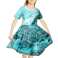 Hawaiian Tapa Kid Short Sleeve Dress Traditional Vintage Pattern Aqua LT05 - Polynesian Pride
