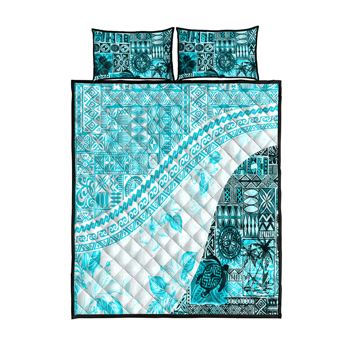 Hawaiian Tapa Quilt Bed Set Traditional Vintage Pattern Aqua LT05 Aqua - Polynesian Pride