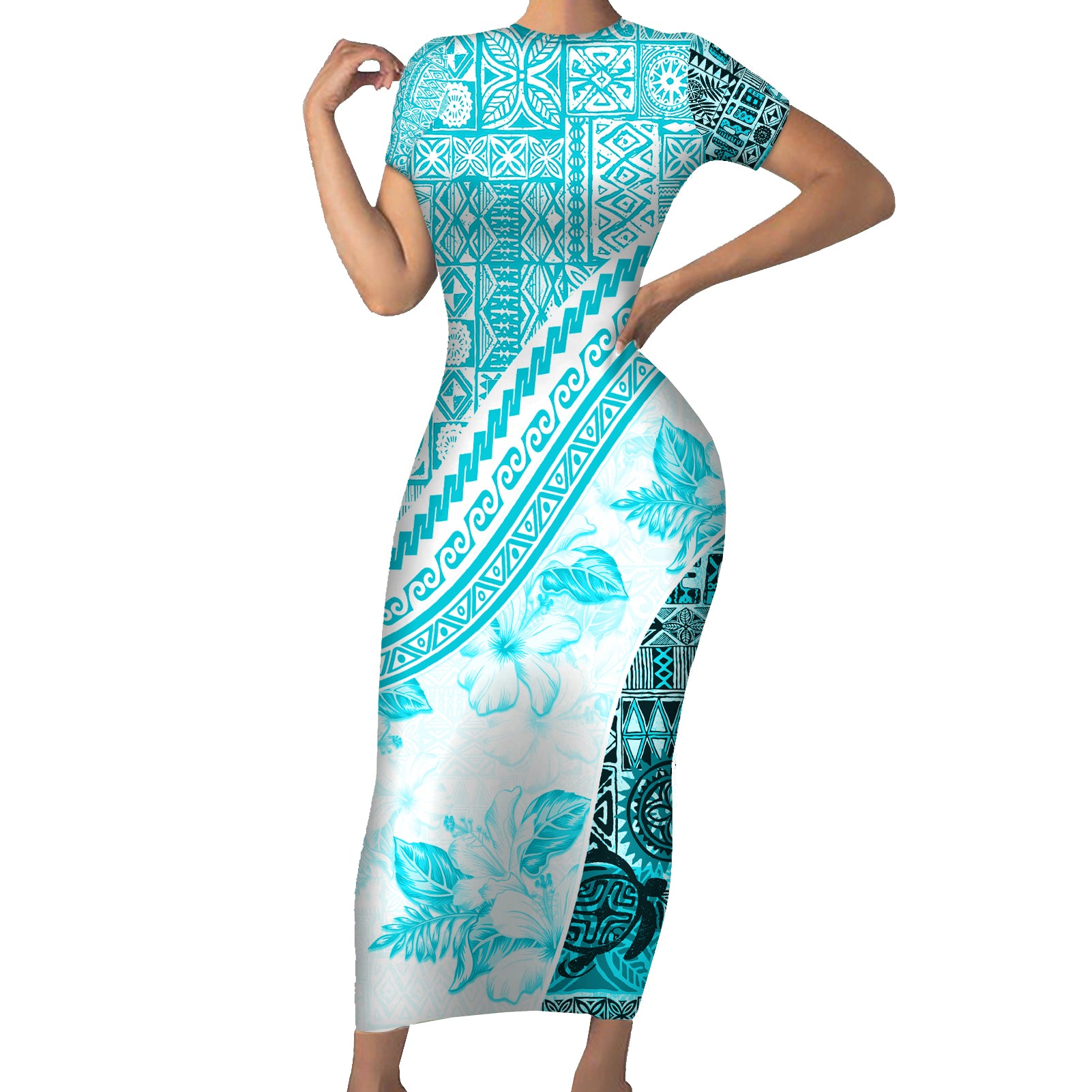 Hawaiian Tapa Short Sleeve Bodycon Dress Traditional Vintage Pattern Aqua LT05 Long Dress Aqua - Polynesian Pride