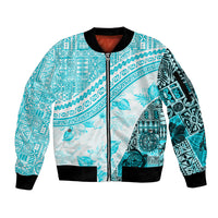 Hawaiian Tapa Sleeve Zip Bomber Jacket Traditional Vintage Pattern Aqua LT05 Unisex Aqua - Polynesian Pride