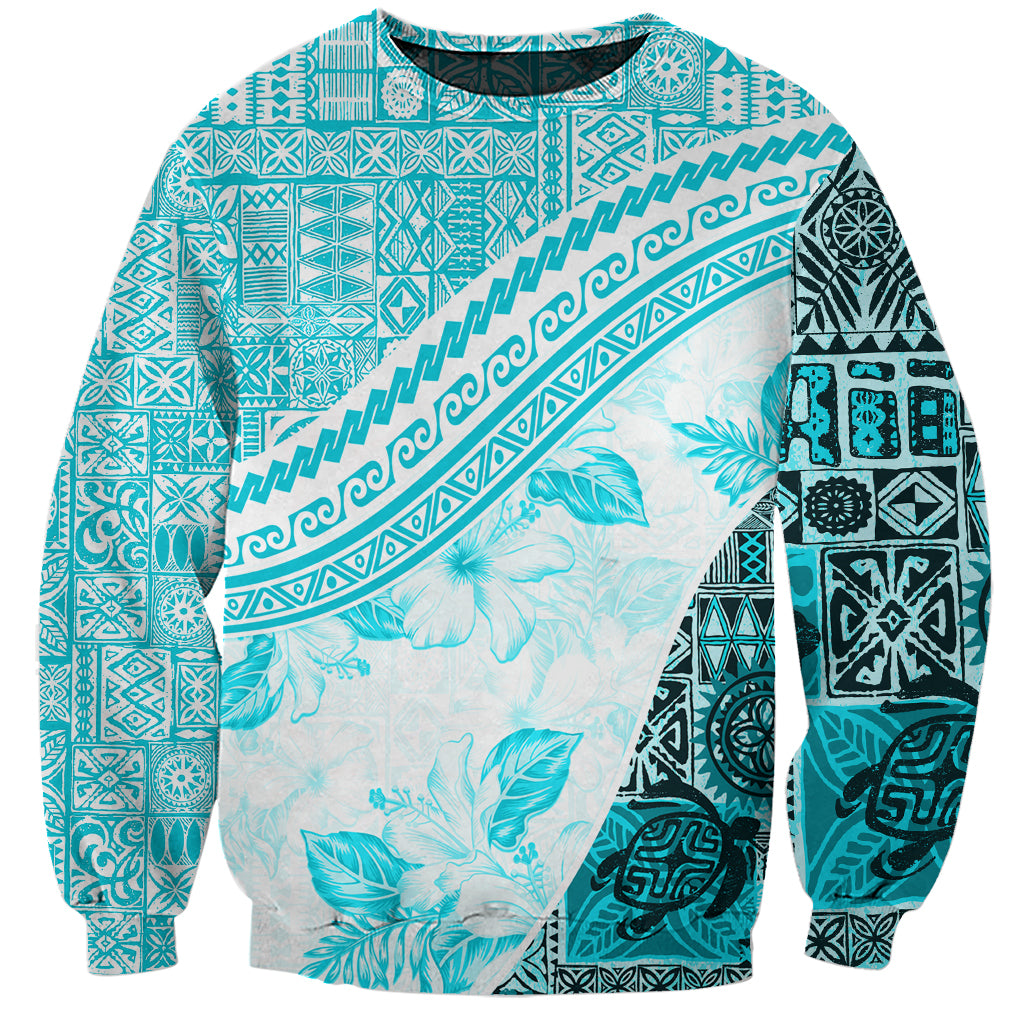 Hawaiian Tapa Sweatshirt Traditional Vintage Pattern Aqua LT05 Unisex Aqua - Polynesian Pride