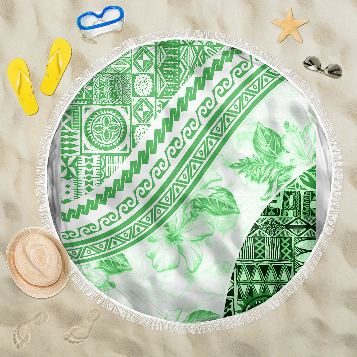 Hawaiian Tapa Beach Blanket Traditional Vintage Pattern Green LT05 One Size 150cm Green - Polynesian Pride