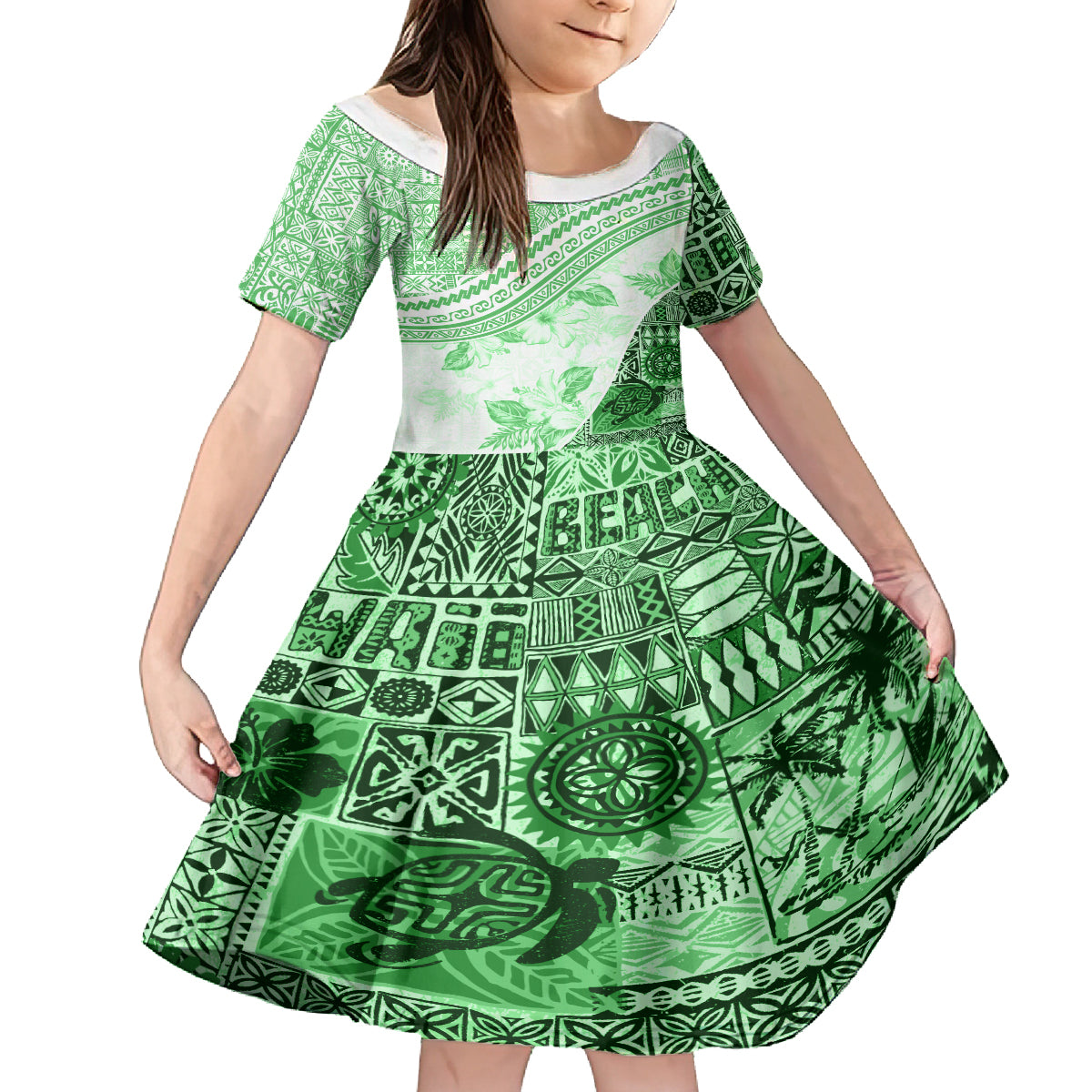 Hawaiian Tapa Family Matching Puletasi Dress and Hawaiian Shirt Traditional Vintage Pattern Green LT05 Daughter's Dress Green - Polynesian Pride