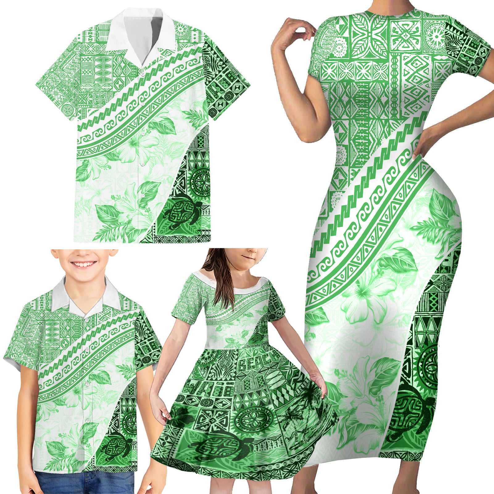 Hawaiian Tapa Family Matching Short Sleeve Bodycon Dress and Hawaiian Shirt Traditional Vintage Pattern Green LT05 - Polynesian Pride