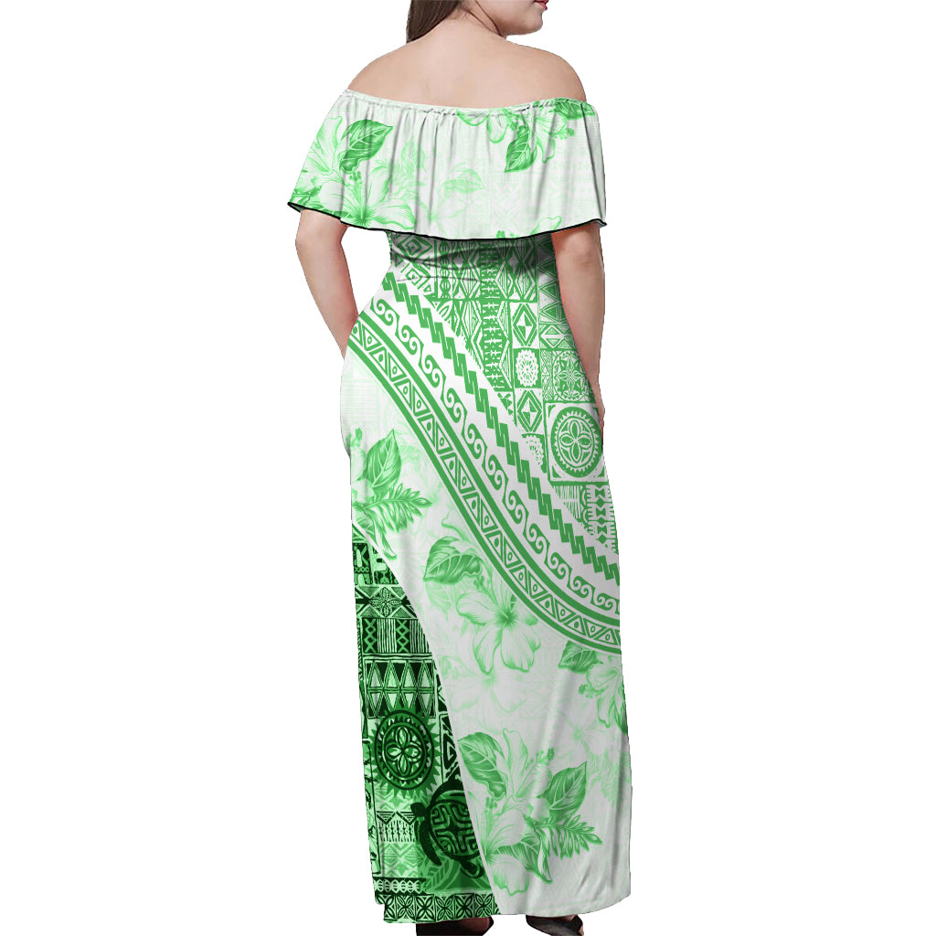 Hawaiian Tapa Off Shoulder Maxi Dress Traditional Vintage Pattern Green LT05 - Polynesian Pride