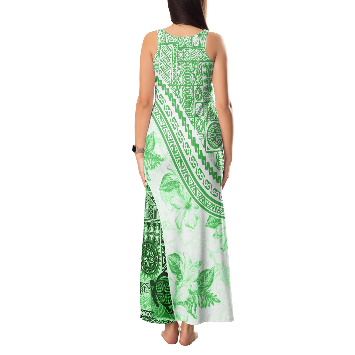 Hawaiian Tapa Tank Maxi Dress Traditional Vintage Pattern Green LT05 - Polynesian Pride