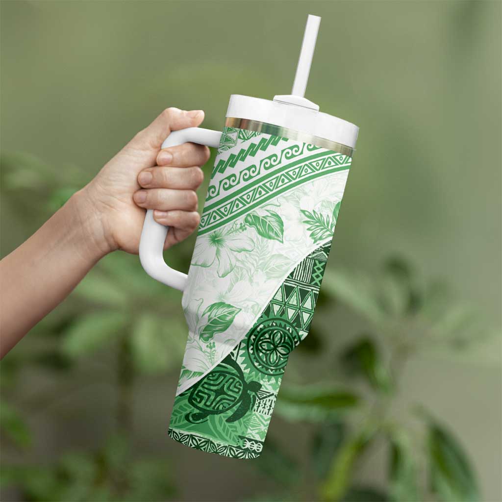 Hawaiian Tapa Tumbler With Handle Traditional Vintage Pattern Green