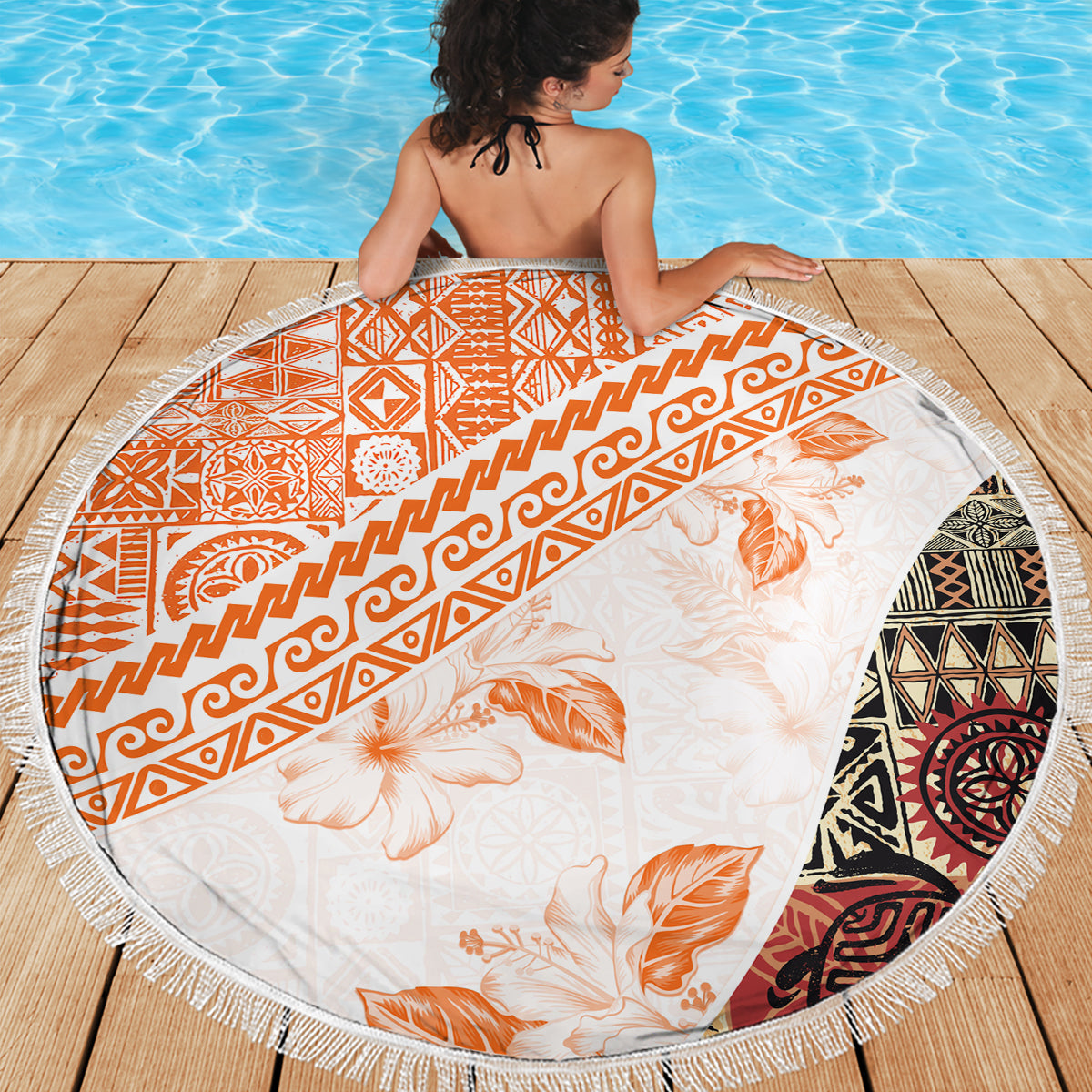 Hawaiian Tapa Beach Blanket Traditional Vintage Pattern Orange LT05 - Polynesian Pride