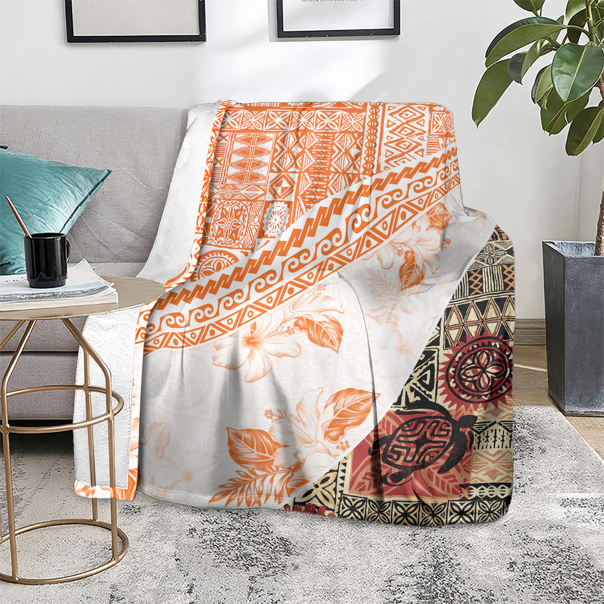 Hawaiian Tapa Blanket Traditional Vintage Pattern Orange LT05 - Polynesian Pride