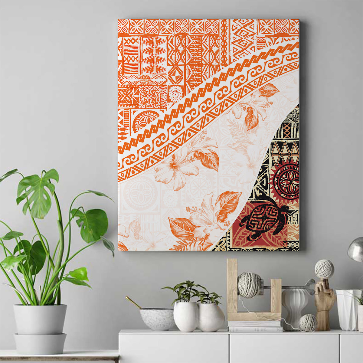 Hawaiian Tapa Canvas Wall Art Traditional Vintage Pattern Orange LT05 Orange - Polynesian Pride