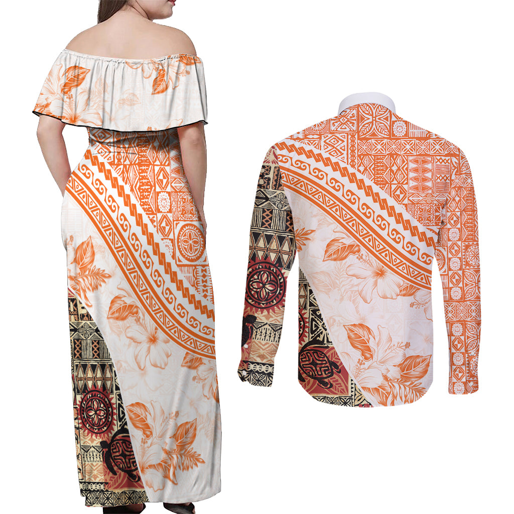 Hawaiian Tapa Couples Matching Off Shoulder Maxi Dress and Long Sleeve Button Shirt Traditional Vintage Pattern Orange LT05 - Polynesian Pride