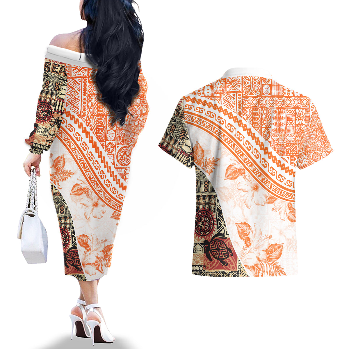 Hawaiian Tapa Couples Matching Off The Shoulder Long Sleeve Dress and Hawaiian Shirt Traditional Vintage Pattern Orange LT05 - Polynesian Pride