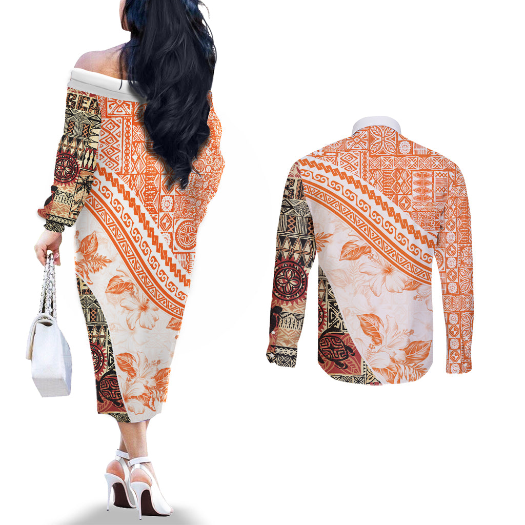 Hawaiian Tapa Couples Matching Off The Shoulder Long Sleeve Dress and Long Sleeve Button Shirt Traditional Vintage Pattern Orange LT05 - Polynesian Pride