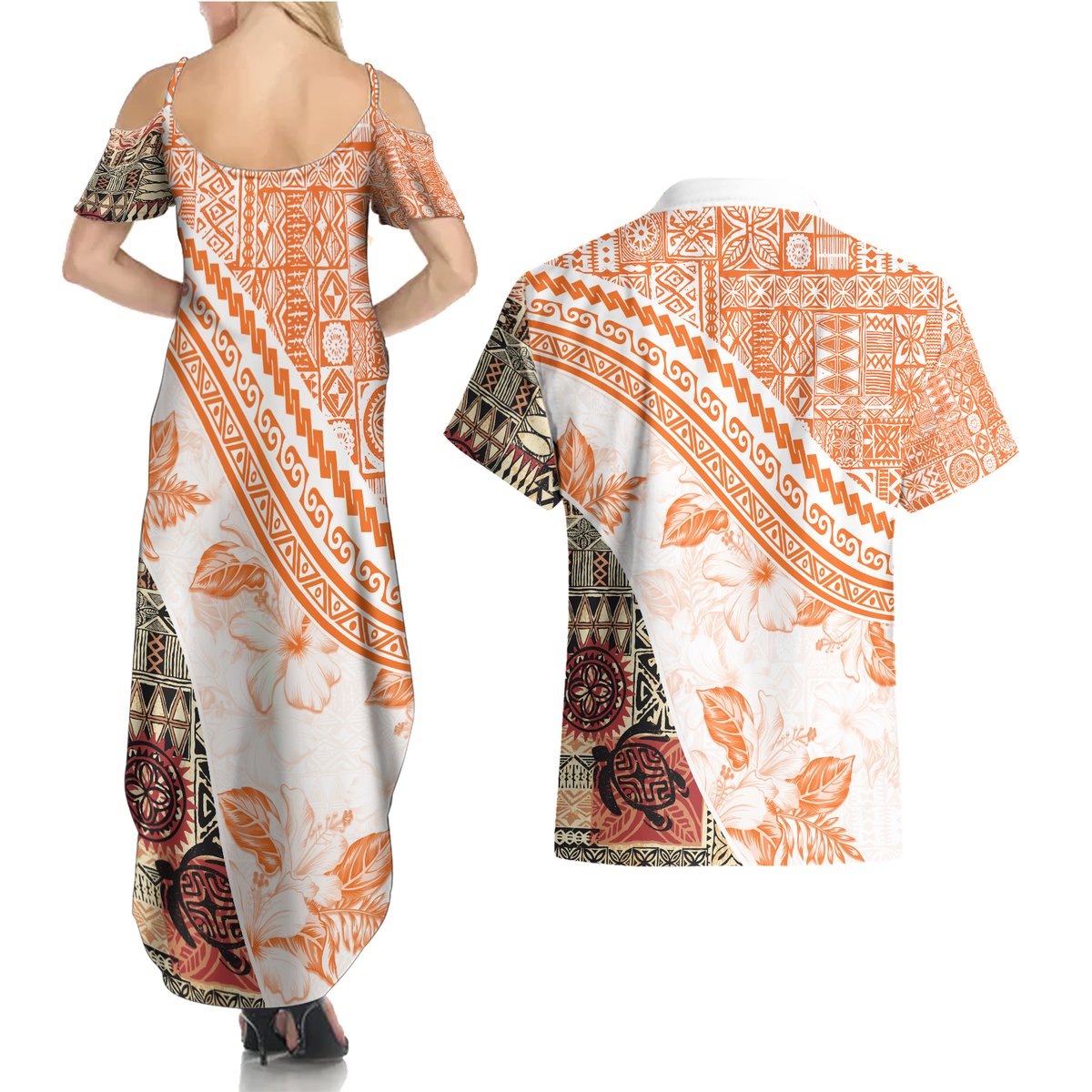 Hawaiian Tapa Couples Matching Summer Maxi Dress and Hawaiian Shirt Traditional Vintage Pattern Orange LT05 - Polynesian Pride