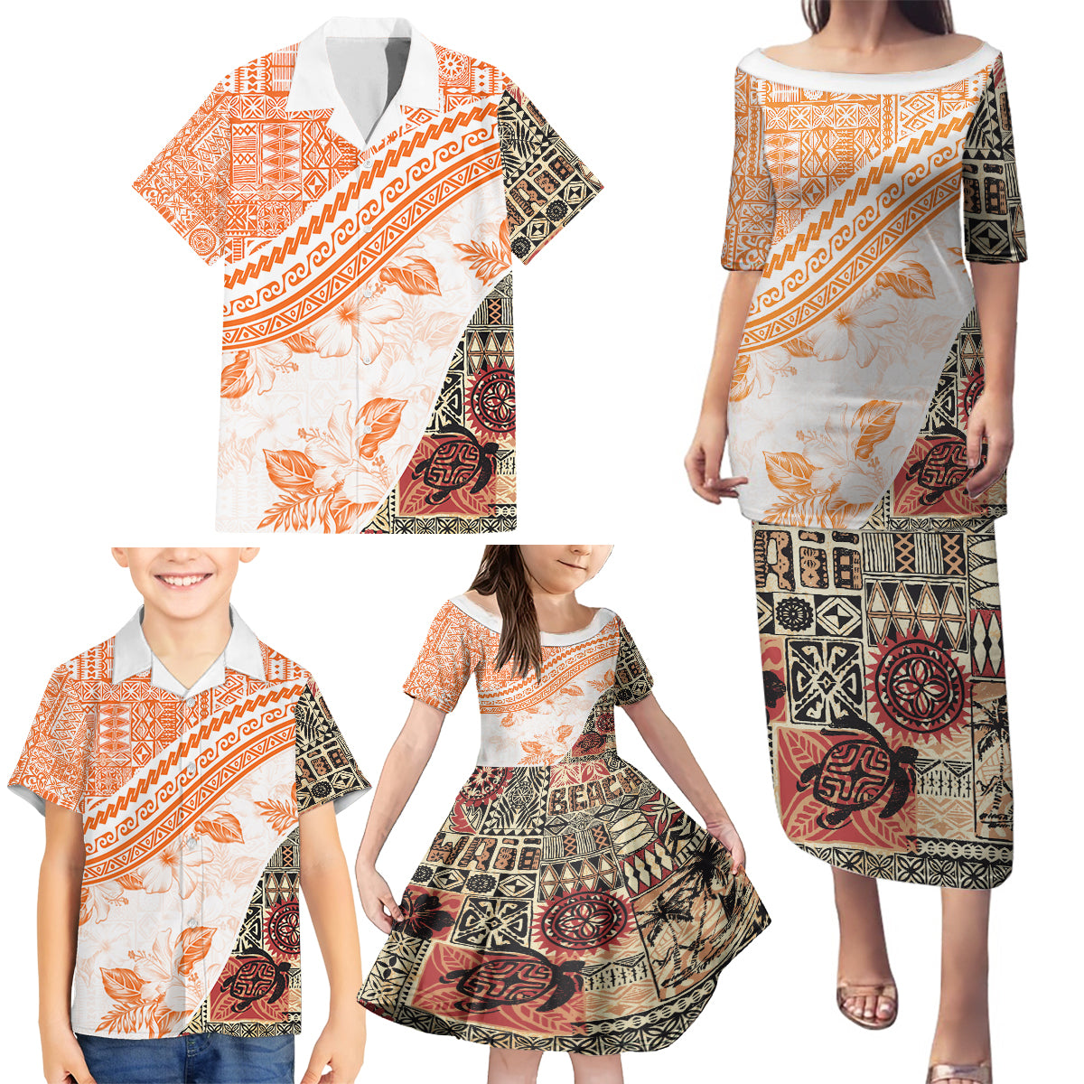 Hawaiian Tapa Family Matching Puletasi Dress and Hawaiian Shirt Traditional Vintage Pattern Orange LT05 - Polynesian Pride
