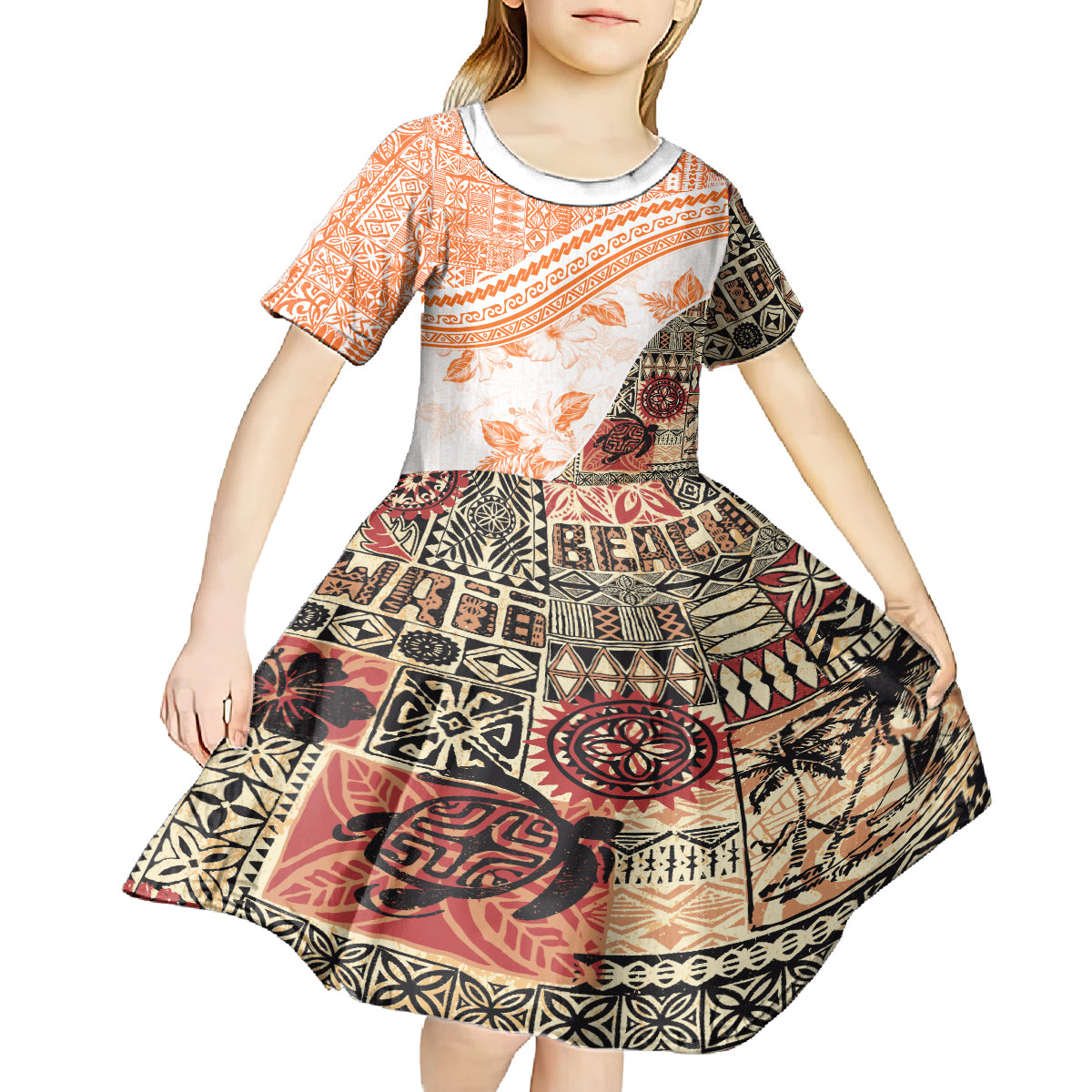 Hawaiian Tapa Kid Short Sleeve Dress Traditional Vintage Pattern Orange LT05 - Polynesian Pride