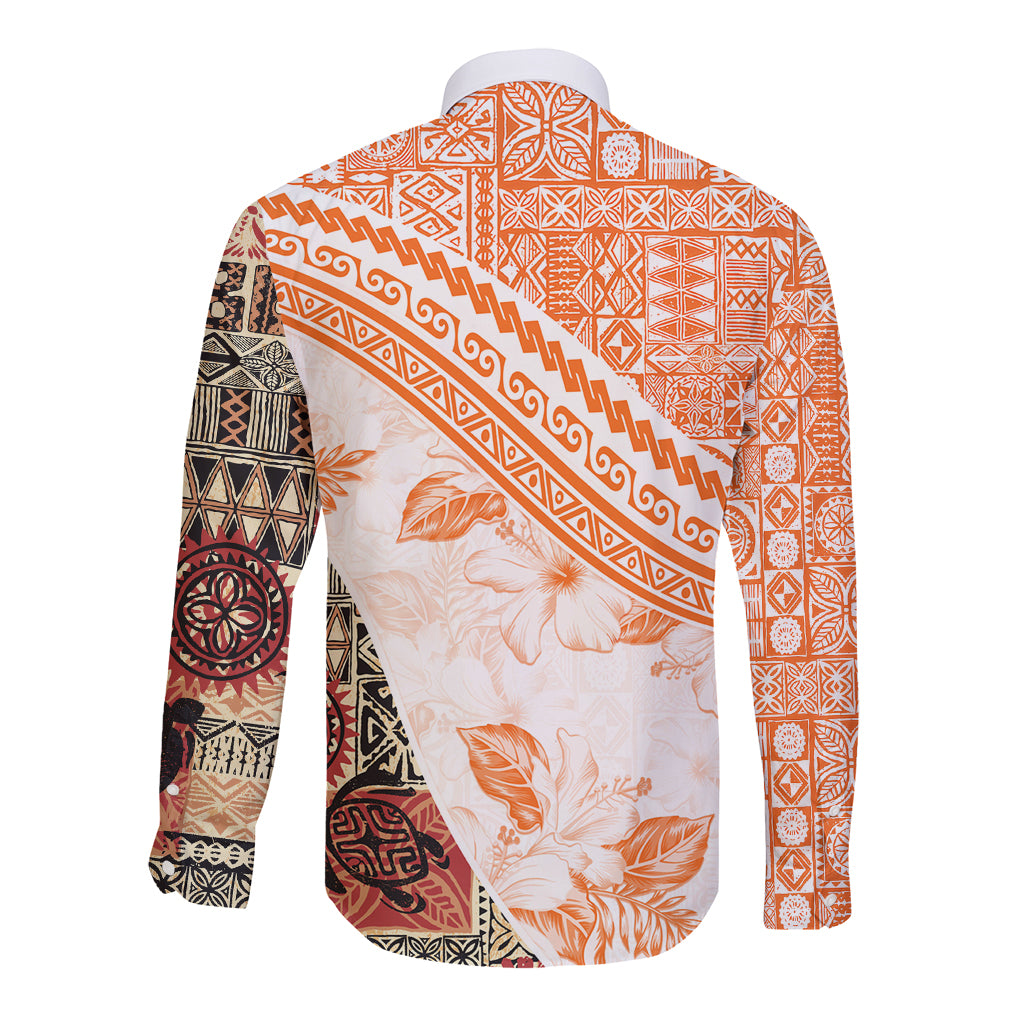 Hawaiian Tapa Long Sleeve Button Shirt Traditional Vintage Pattern Orange LT05 - Polynesian Pride