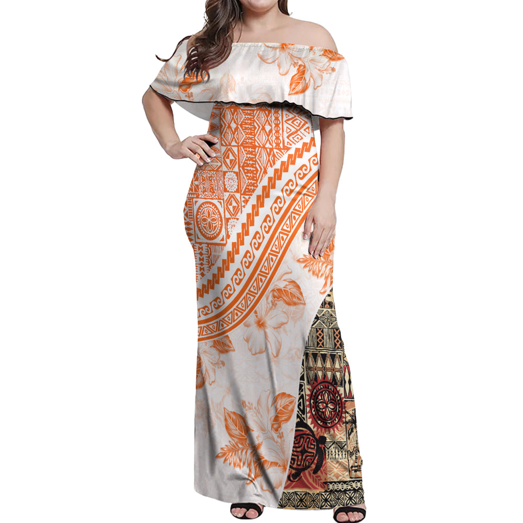 Hawaiian Tapa Off Shoulder Maxi Dress Traditional Vintage Pattern Orange LT05 Women Orange - Polynesian Pride