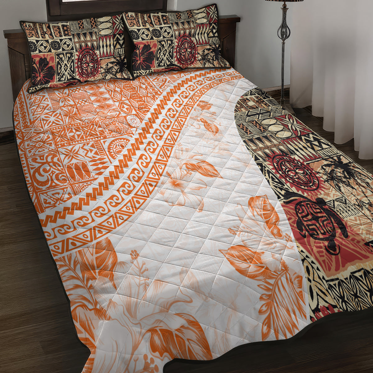 Hawaiian Tapa Quilt Bed Set Traditional Vintage Pattern Orange LT05 - Polynesian Pride