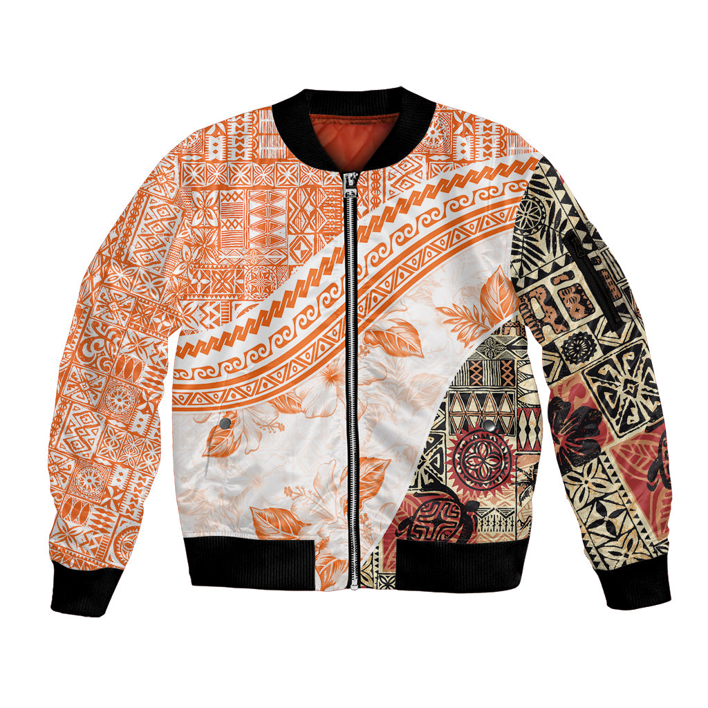 Hawaiian Tapa Sleeve Zip Bomber Jacket Traditional Vintage Pattern Orange LT05 Unisex Orange - Polynesian Pride