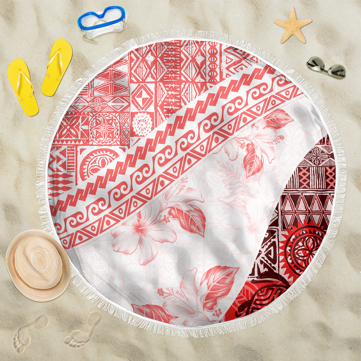 Hawaiian Tapa Beach Blanket Traditional Vintage Pattern Red LT05 One Size 150cm Red - Polynesian Pride