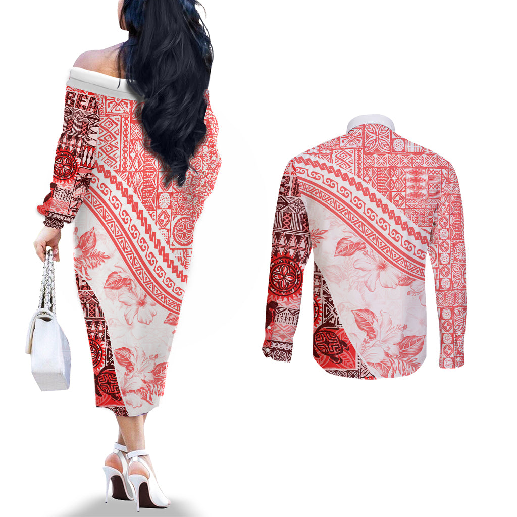 Hawaiian Tapa Couples Matching Off The Shoulder Long Sleeve Dress and Long Sleeve Button Shirt Traditional Vintage Pattern Red LT05 - Polynesian Pride