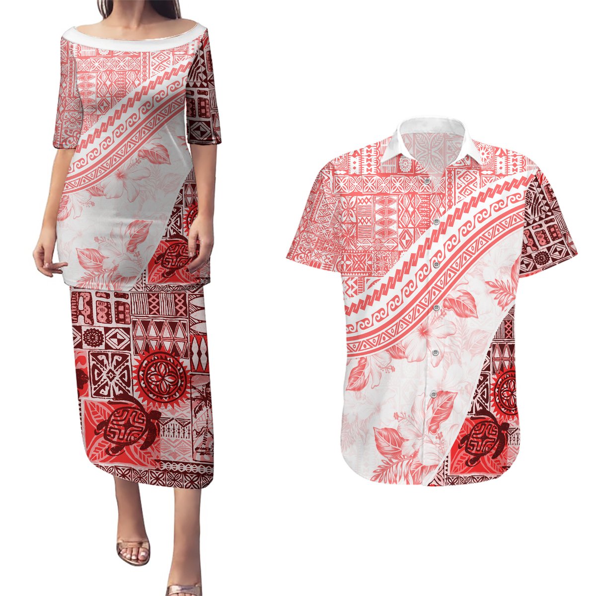 Hawaiian Tapa Couples Matching Puletasi Dress and Hawaiian Shirt Traditional Vintage Pattern Red LT05 Red - Polynesian Pride